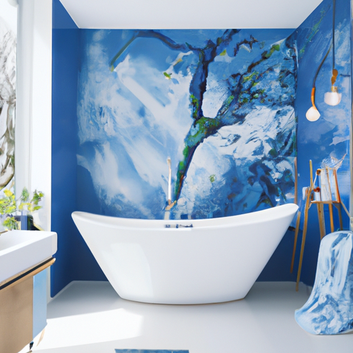 תמונה המציגה חדר רחצה צבוע בכחול ולבן מרגיע, יוצר אווירה שלווה ומרגיעה