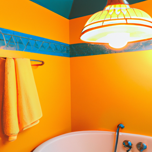 תמונה תוססת של חדר אמבטיה עם צבעים אנרגטיים כמו צהובים עזים וכתומים