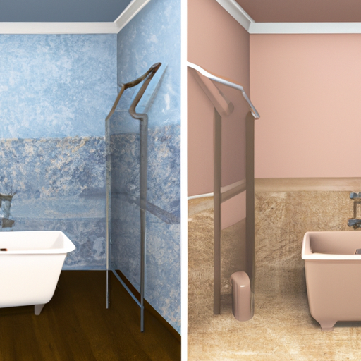 תמונה המציגה השוואה לפני ואחרי של חדר אמבטיה, המדגישה את השינוי שהושג באמצעות הלבשת אמבטיה.
