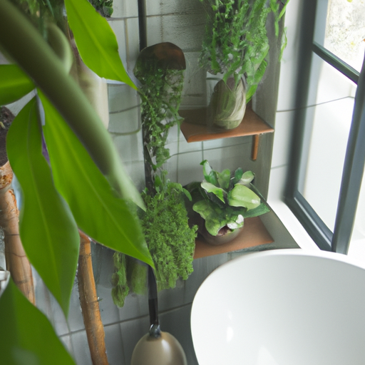 חדר אמבטיה מודרני המציג מגוון של צמחים ירוקים הממוקמים באופן אסטרטגי למשיכה אסתטית ופונקציונליות.