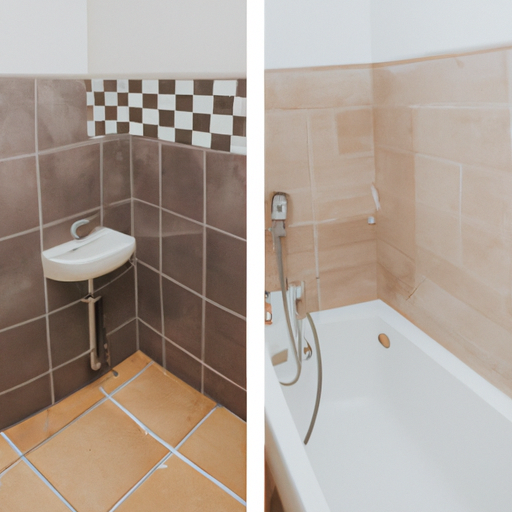 1. תמונה המציגה לפני ואחרי שיפוץ חדר אמבטיה הכולל אריחים חדשים
