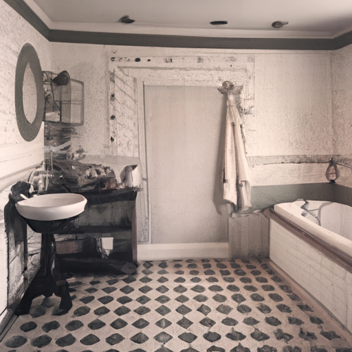 תמונה נוסטלגית של שיפוץ חדר אמבטיה חובק אווירת רטרו עם אריחי וינטג' ואבזור עתיק.