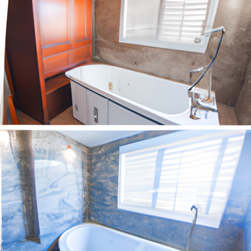 1. תמונת לפני ואחרי של שיפוץ חדר אמבטיה, הממחישה את השינוי הדרמטי לסביבה דמוית ספא.