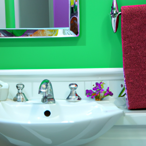 תמונה של חדר אמבטיה מודרני עם ערכת צבעים תוססת המראה את השפעת הצבע בהלבשת חדר האמבטיה.