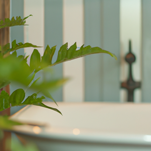 תמונה 3: צילום של חדר אמבטיה שליו עם צמח ירוק שופע, המדגים את תהליך שילוב הטבע בחדר האמבטיה.