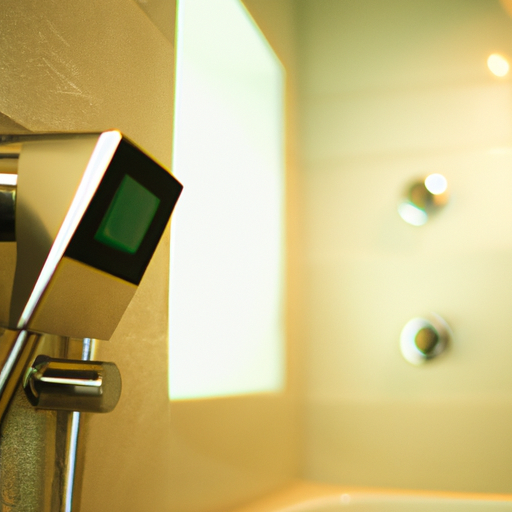 תמונה של חדר רחצה מודרני הכולל טכנולוגיה מתקדמת כמו בקרות מקלחת דיגיטליות וברזים ללא מגע.
