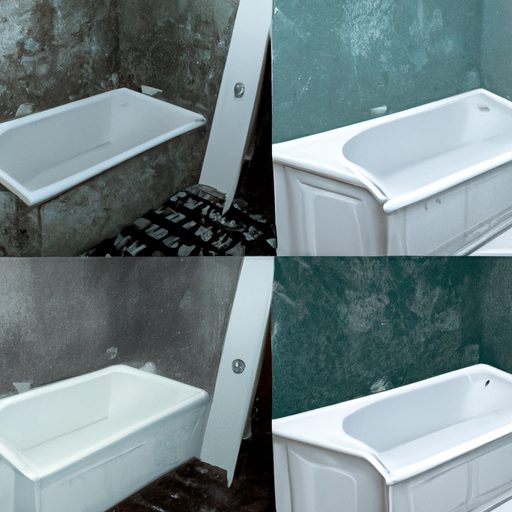 תמונה המציגה השוואה לפני ואחרי של חדר אמבטיה משודרג עם הלבשת אמבטיה