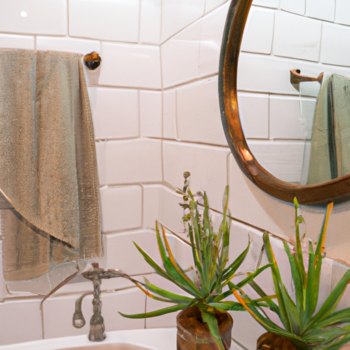 תמונה המדגישה את השימוש במבטאים ובאביזרים בחדר אמבטיה משופץ, כולל מראות מסוגננות, מתלים למגבות ועציצים.
